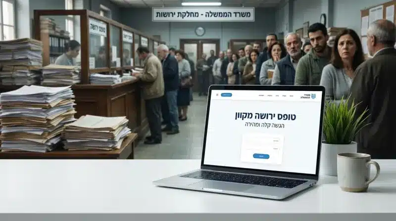 לפטופ המציג אתר להגשת טופס ירושה מקוון בקלות ובמהירות, על רקע משרד ממשלתי מיושן של מחלקת הירושות העמוס בתורים ובניירת.