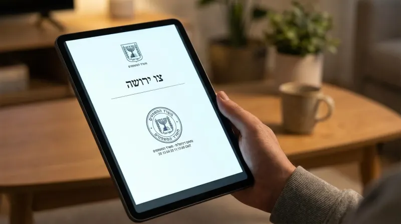 אדם מחזיק בטאבלט המציג צו ירושה דיגיטלי של משרד המשפטים הישראלי