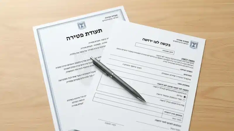 תעודת פטירה רשמית של משרד הפנים ובקשה לצו ירושה מונחות על שולחן עץ עם עט.