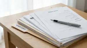 תיקייה עם הכיתוב "הסכם משפטי" וערימת מסמכים שבראשה "טופס בקשה", מונחים על שולחן עץ עם עט נובע.
