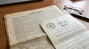 מסמך צו קיום צוואה של משרד המשפטים מונח על עיתון ישן, לצד משקפיים ועט על שולחן עץ.